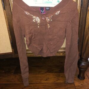 Brown cardigan sweater with gold beading